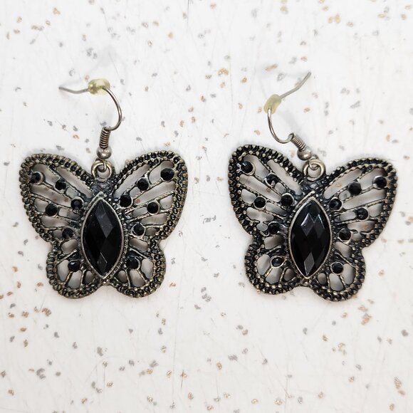 BFD - Black & Pewter Coloured Butterfly Drop Earrings - Picture 1 of 3